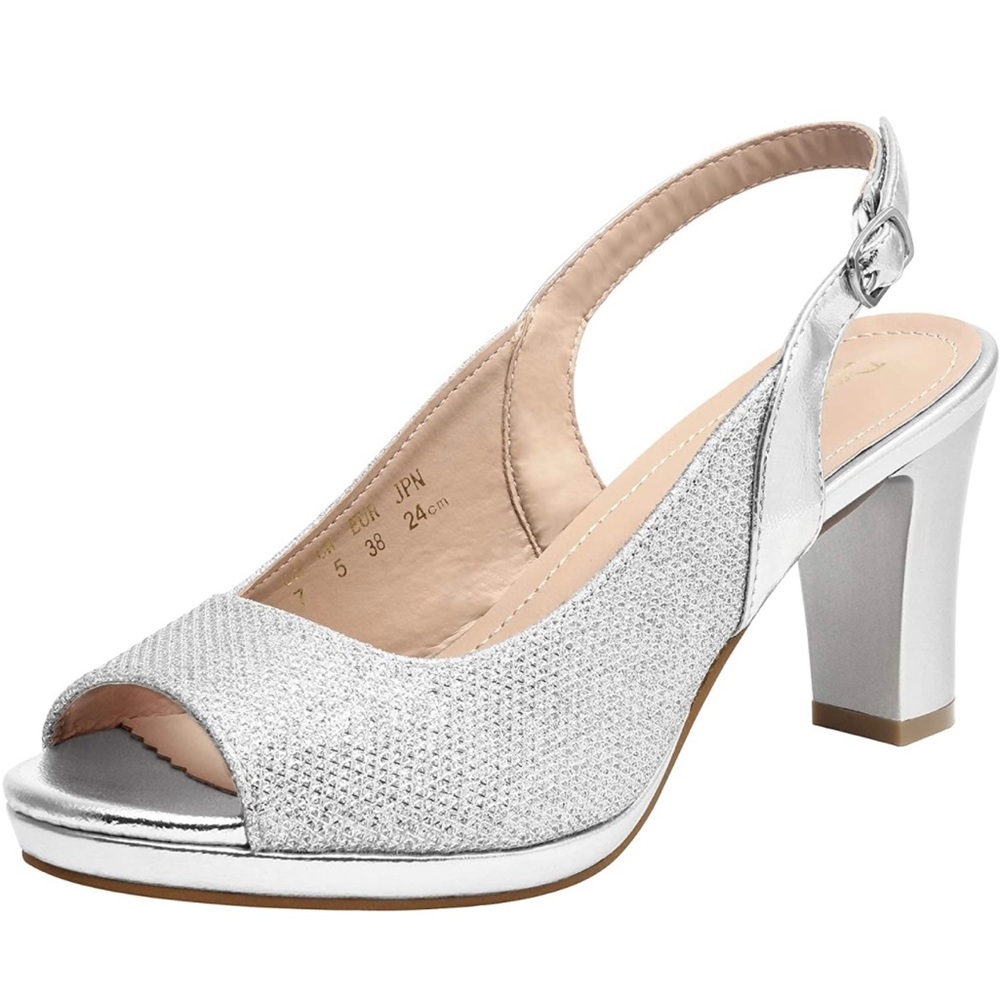 NIB Silver Peep-toe Slingback 3” Block Heel Pumps